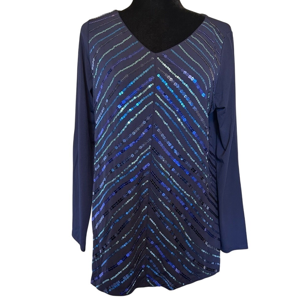 NWT Bob Mackie Blue Sequin Long Sleeve Top Blouse Size‎ Small